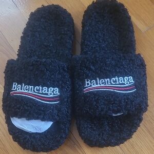 Balenciaga Black Shearling Logo Slide Slippers with Red & White Accent